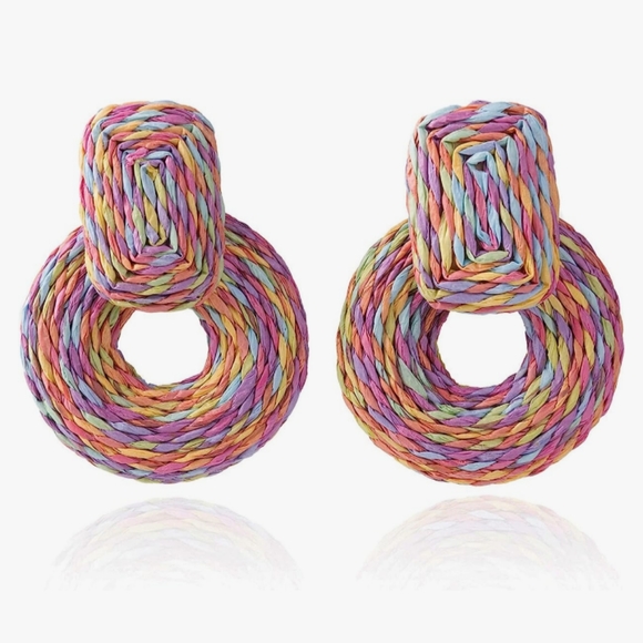 Chunky Pastel Multicolor Rattan Earrings Wicker Door Knocker Bold Statement New - Picture 3 of 7